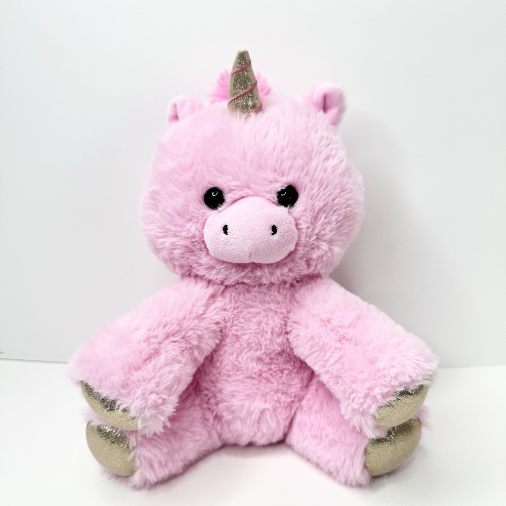 Kellytoy Pink Unicorn Plush 9" Sitting Stuffed Animal Gold Metallic Horn Hooves
